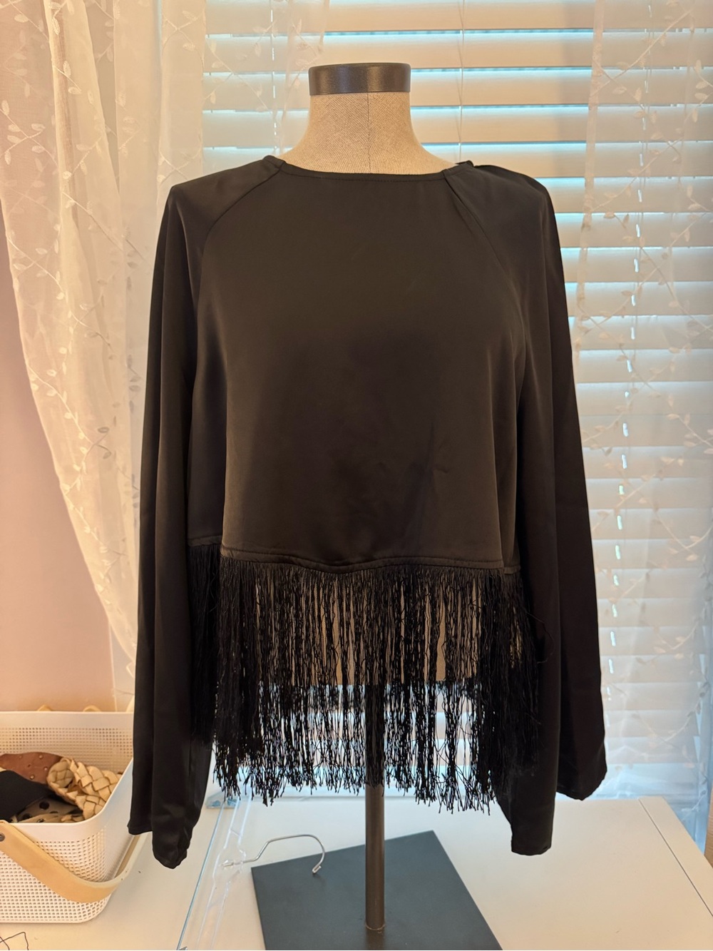 Nasty Gal Black Long Sleeve Fringe Hem Top